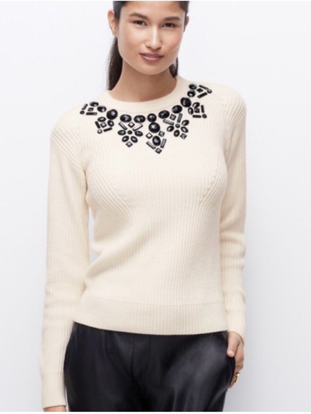 Ann Taylor Cream Crewneck Sweater with Black Beaded Detail